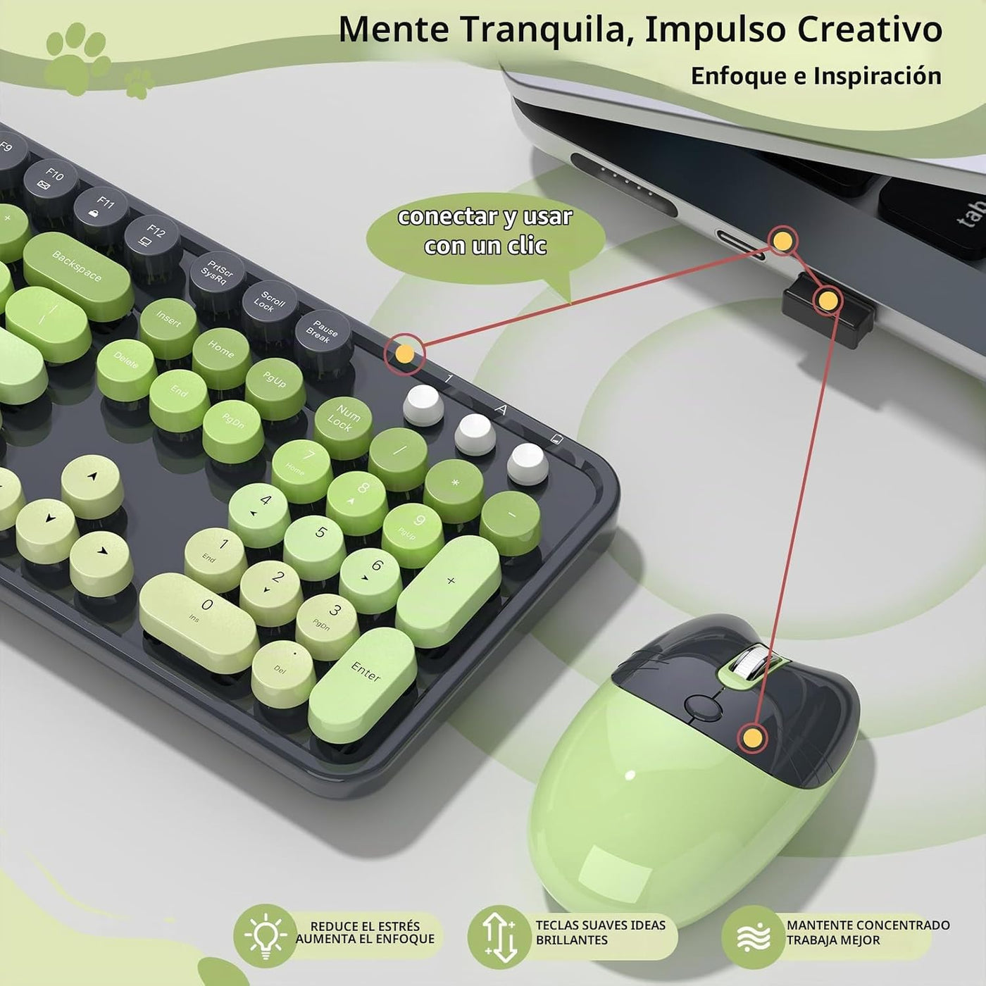 Teclado y ratón inalámbricos, MOFII con teclas redondas de 104 tecl...