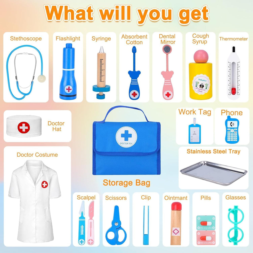 Kit de médico para niños pequeños de 3 a 5 años, kit de médico para niños con bolsa de almacenamiento médico y estetoscopio real, disfraz de médico para juegos de simulación, regalo de cumpleaños para niñas y niños (21 piezas)