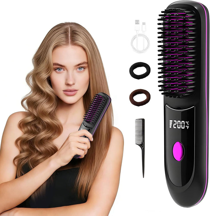 Cepillo de pelo liso inalámbrico, 3 ajustes de calor y pantalla LED...