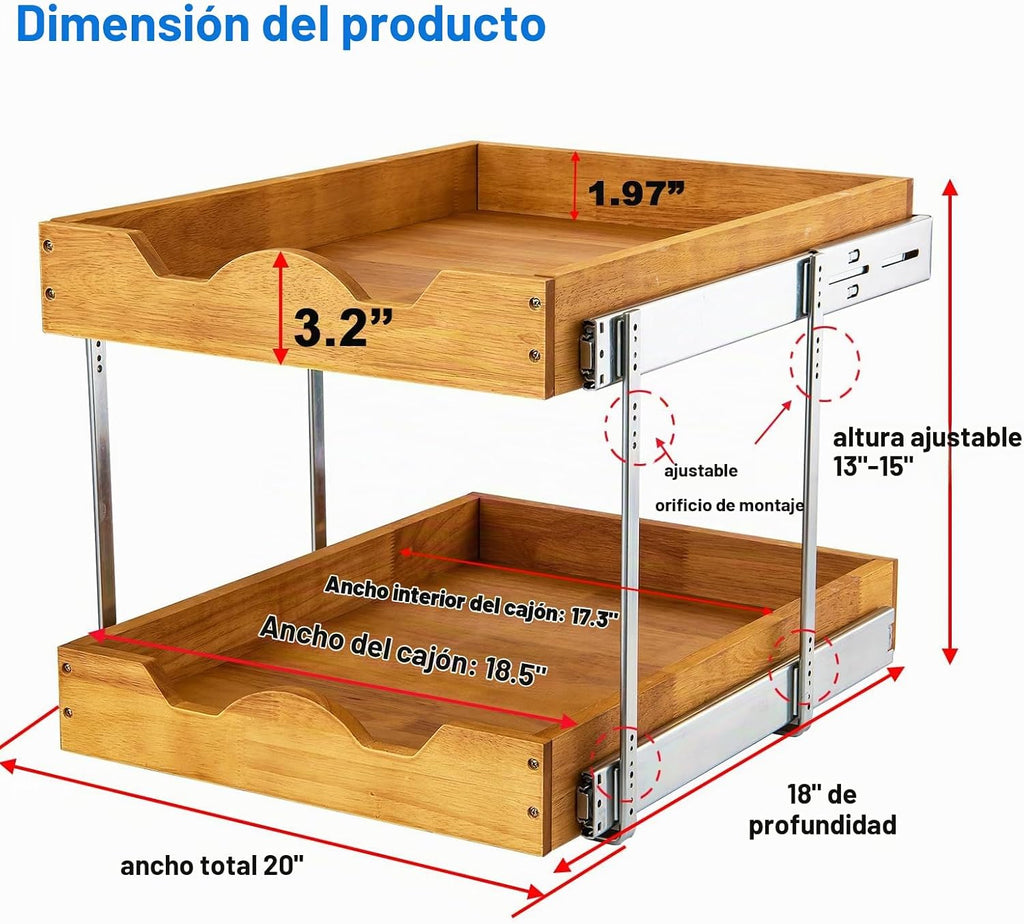 DINDON Organizador de cajones extraíble de 2 niveles (20 pulgadas de ancho x 18 pulgadas de profundidad) Cajón deslizante de madera de doble nivel para almacenamiento y organización debajo del