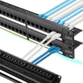 Rapink Panel de parches Cat6 de 48 puertos con soporte Keystone 10G en línea, acoplador de paso UTP de 19 pulgadas, barra trasera extraíble, red 1U para cableado Cat6, Cat5e, Cat5