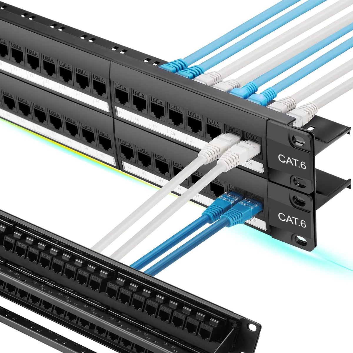 Rapink Panel de parches Cat6 de 48 puertos con soporte Keystone 10G en línea, acoplador de paso UTP de 19 pulgadas, barra trasera extraíble, red 1U para cableado Cat6, Cat5e, Cat5