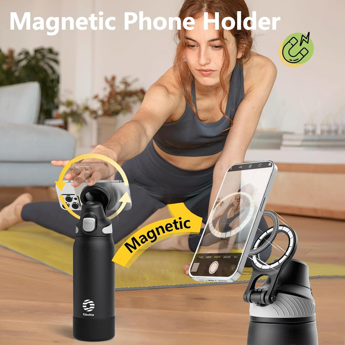 FJbottle Botella de agua aislada con soporte magnético para teléfono, frasco deportivo de acero inoxidable a prueba de fugas, función de trípode para gimnasio, entrenamiento, 32 onzas, color negro