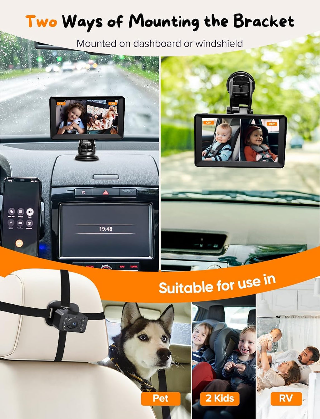 Kidsneed Cámara de Auto para Bebé con Pantalla Dividida de 7" para 2 Niños con Cámaras Duales de Asiento