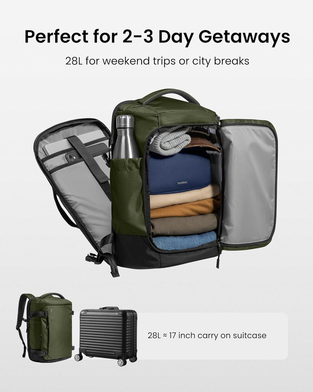 tomtoc Mochila de viaje de 28 litros, equipaje de mano aprobado por...