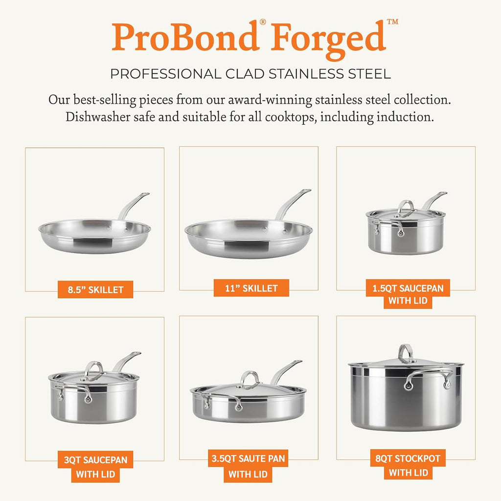 Hestan - Colección ProBond - Juego de utensilios de cocina profesional de acero inoxidable de 10 piezas, compatible con placa de inducción