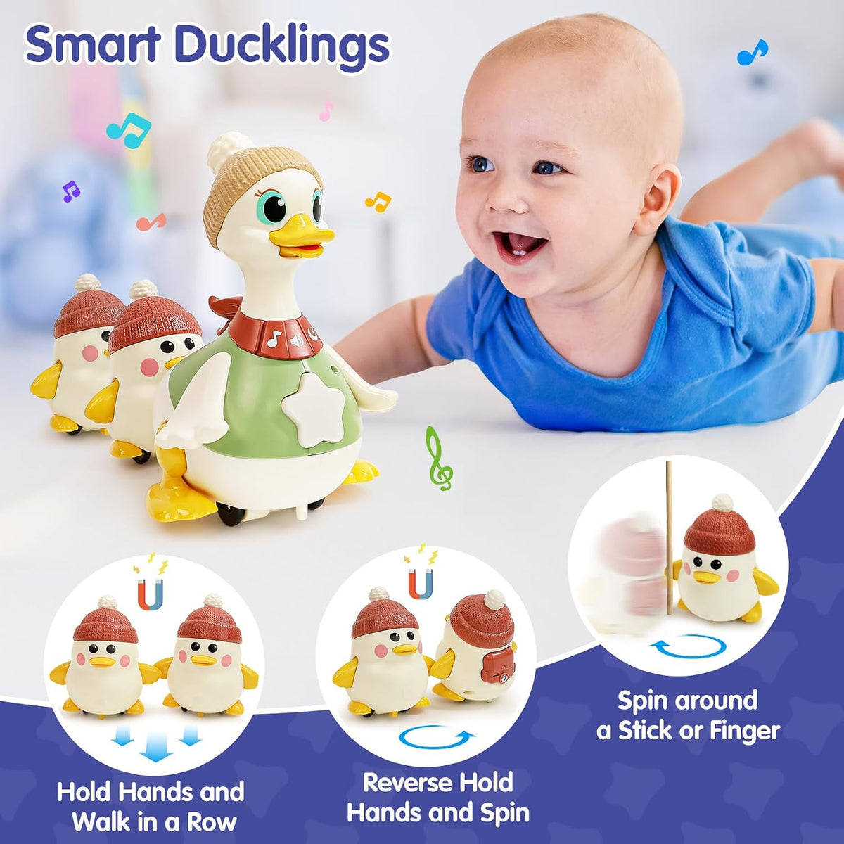 HOLA Juego de juguetes musicales de pato bailarín con mamá y bebés, juguetes para bebés de 6 a 12 meses, 2 modos interactivos, juguetes para gatear con sonidos y luces