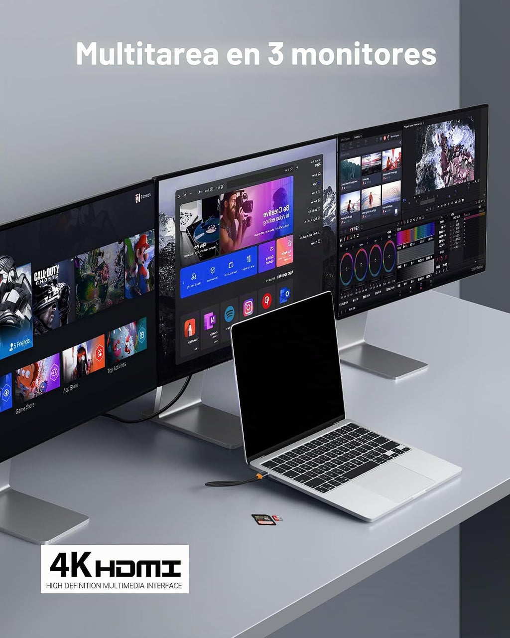 Baseus Estación de acoplamiento para portátil, estación de acoplamiento multitarea 4K con 2 HDMI+DP, PD, 3 USB-A, RJ45, audio, lector de tarjetas TF/SD, concentrador USB compatible con MacBook/Dell/HP