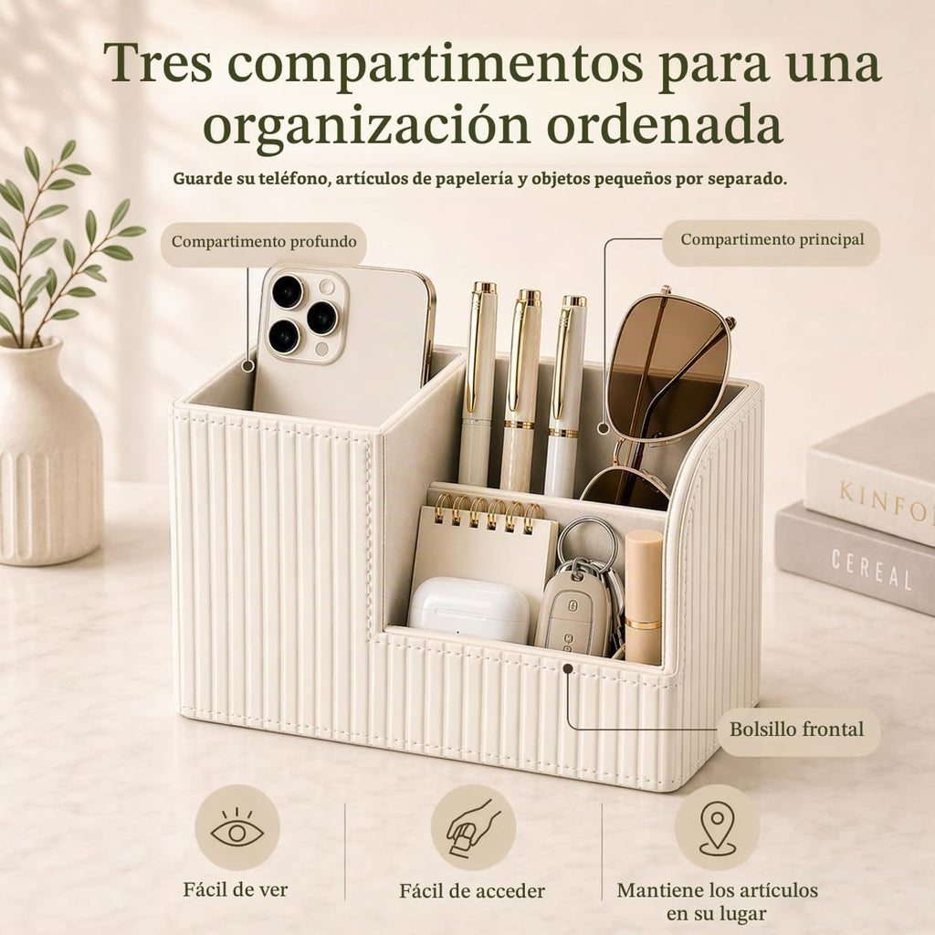 Organizador de bolígrafos de escritorio, suministros de oficina, organizador de piel sintética, caja de almacenamiento multifunción para bolígrafos/lápices, teléfono celular, tarjetas de nombre de negocios, soporte de control remoto (blanco marfil)