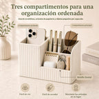 Organizador de bolígrafos de escritorio, suministros de oficina, organizador de piel sintética, caja de almacenamiento multifunción para bolígrafos/lápices, teléfono celular, tarjetas de nombre de negocios, soporte de control remoto (blanco marfil)