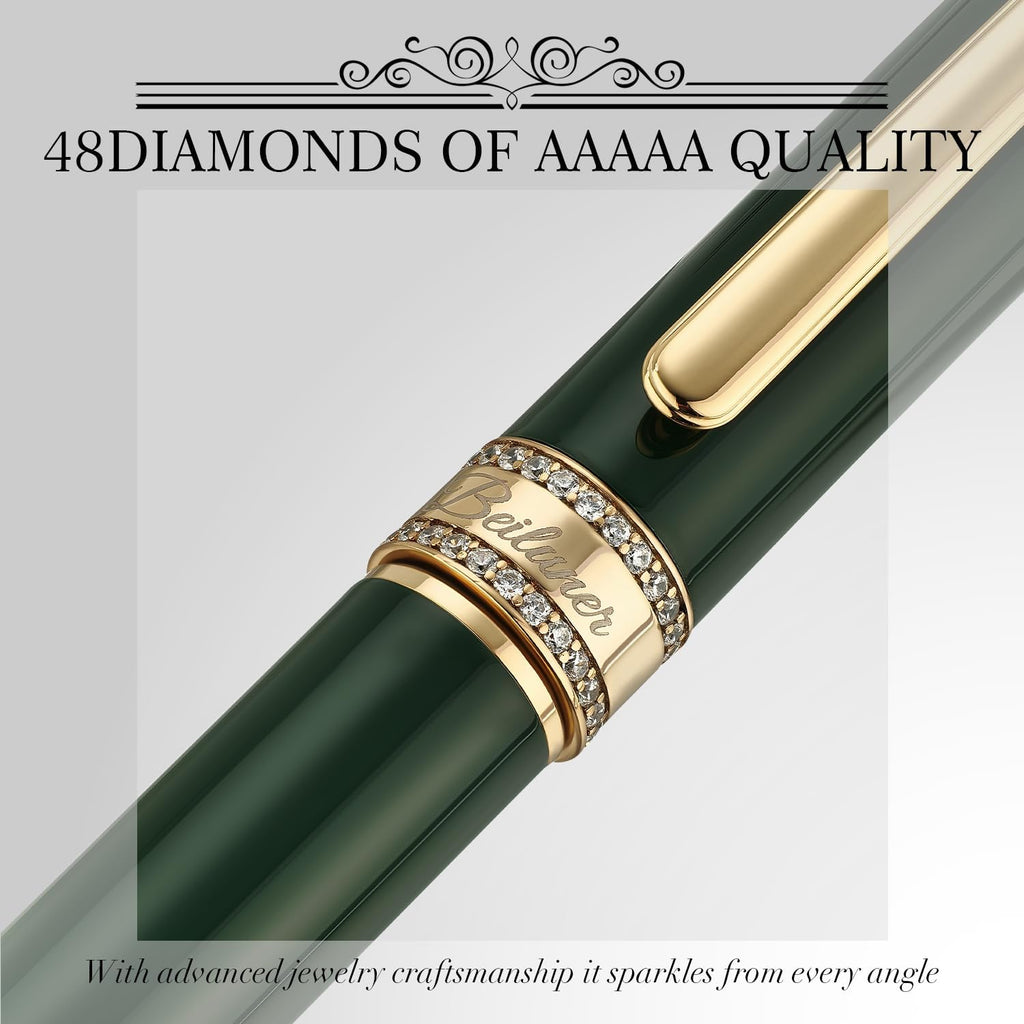 BEILUNER - Bolígrafo de rodillo de laca verde, diseño de tapa con diamantes incrustados, borde de 24K de oro, noble y elegante, recarga de tinta Schneider, el mejor set de regalo de bolígrafo para