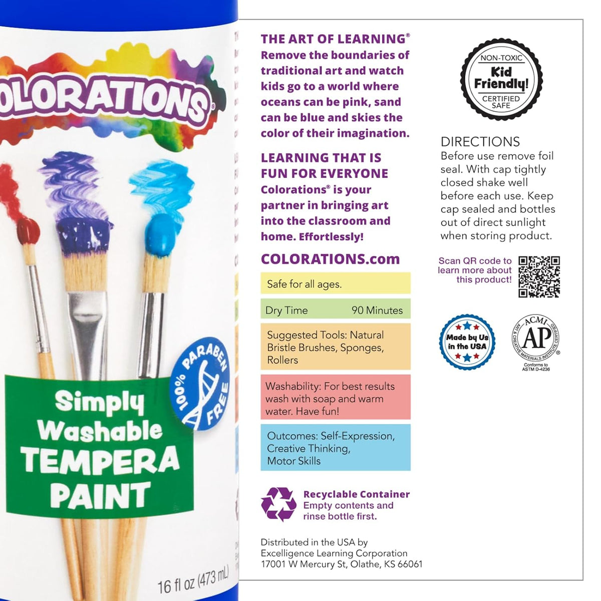 Colorations Pintura de témpera lavable sin parabenos para niños, botellas