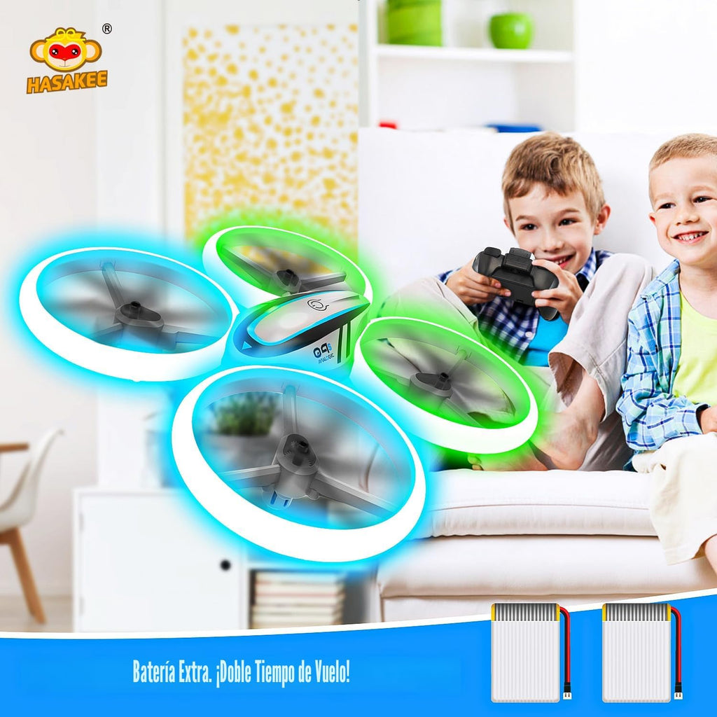 Q9s Drones para niños, dron RC con retención de altitud y modo sin cabeza, cuadricóptero con luz azul y verde, hélice de protección completa, 2 baterías y control remoto, regalos para niños y niñas