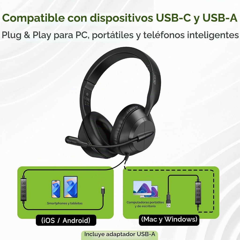 Acer Auriculares con micrófono para PC, micrófono con cancelación de ruido