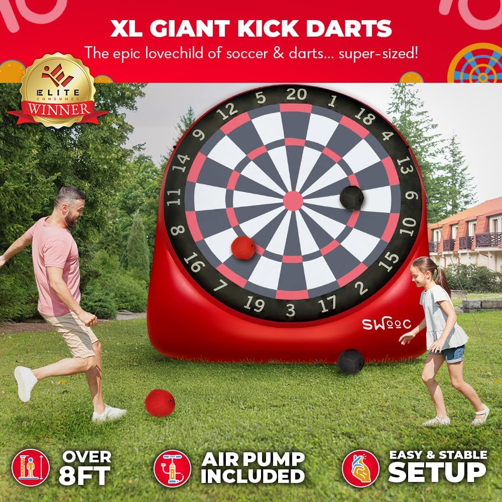 Swooc Games - Dardos gigantes inflables de primera calidad (más de 15 formas de jugar) - Diana de fútbol jumbo con bomba de aire - Juegos de carnaval grandes - Juegos gigantes al aire libre - Juego de