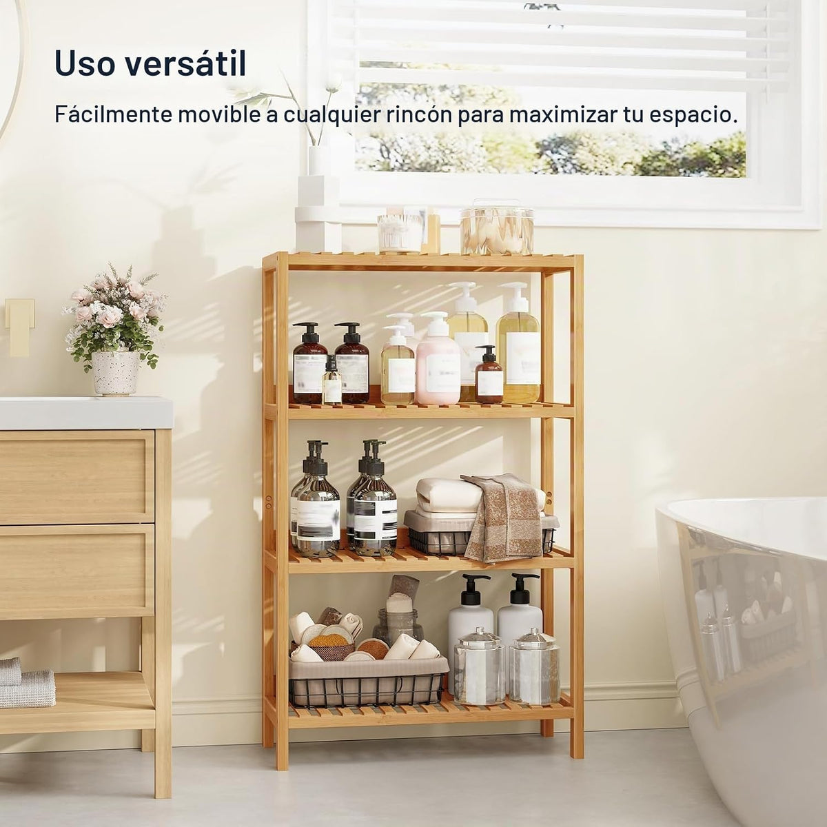 HOOBRO Estante de almacenamiento de bambú, estantería independiente de 4 niveles, estante de almacenamiento multifuncional con panel trasero, 23.6 x 10.2 x 39.4 pulgadas, para baño, sala de estar, balcón, cocina, natural YL95CJ01