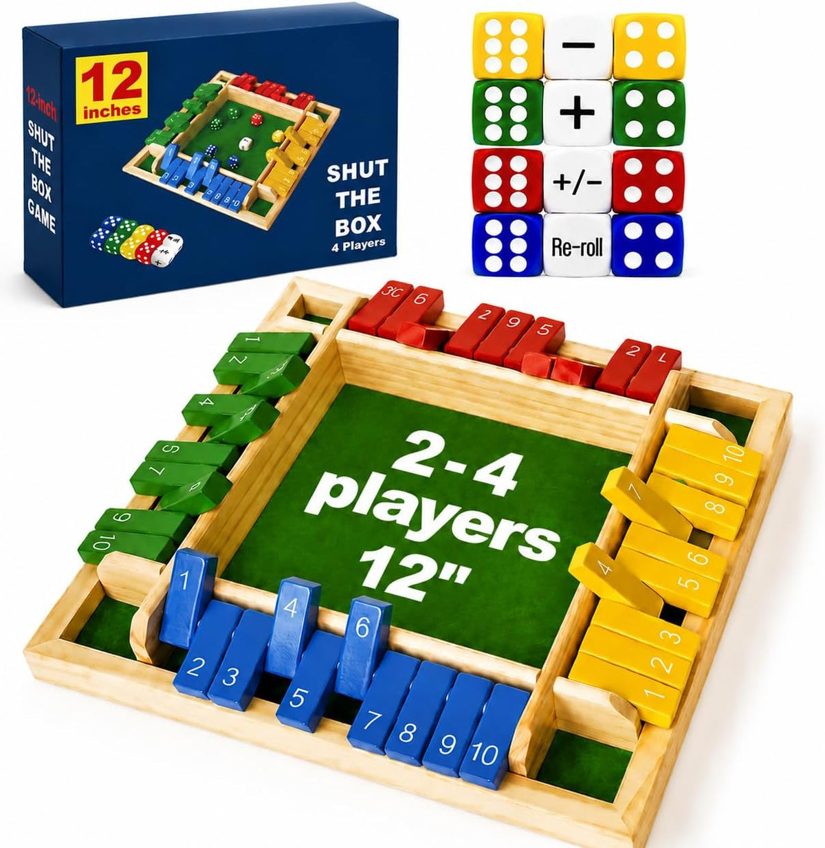 Shut The Box - Juego de dados de madera mejorado de 12 pulgadas para 2-4 jugadores, juegos de adición de matemáticas, juego de mesa familiar de dados de madera para niños y adultos, versión de mesa para aula, hogar, fiesta o bar