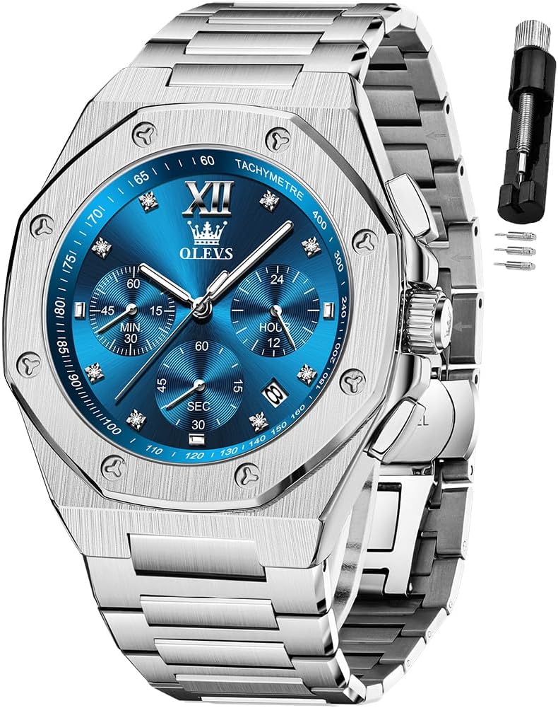 OLEVS Reloj para hombre Big Face Acero inoxidable Impermeable Luminoso Diamante