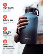 Coolflask Botella de agua de medio galón aislada con popote y 3 tapas a