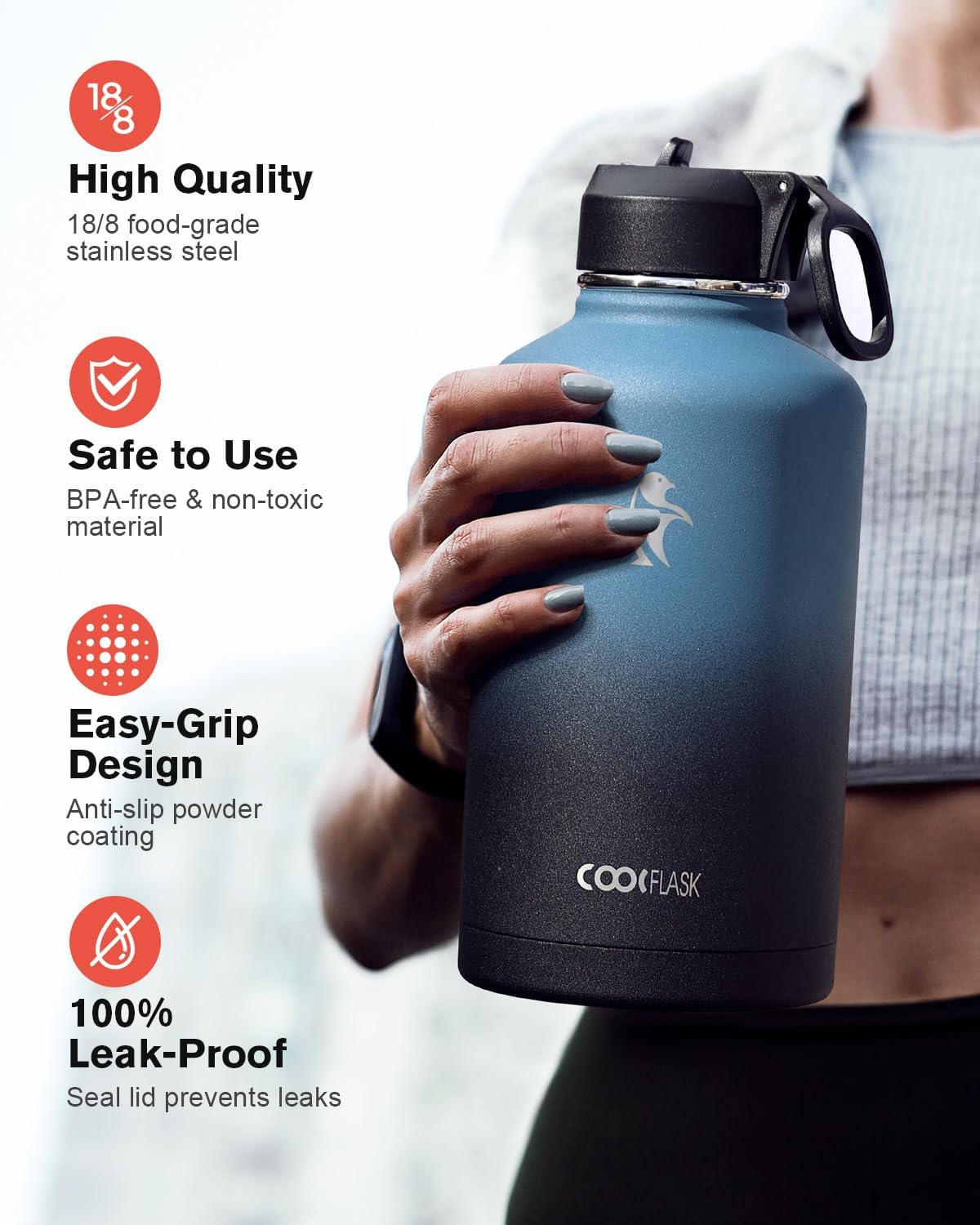 Coolflask Botella de agua de medio galón aislada con popote y 3 tapas a