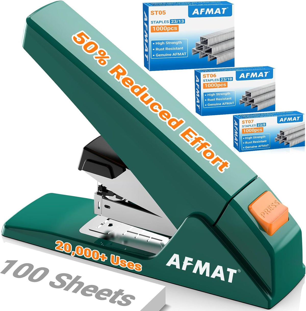 AFMAT Engrapadora resistente, capacidad de 100 hojas, 50% menos esfuerzo