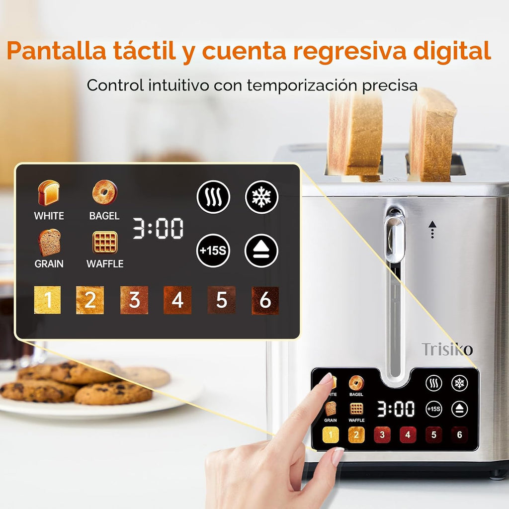 Tostadora de 2 rebanadas con pantalla táctil inteligente, ranura ancha, acero inoxidable