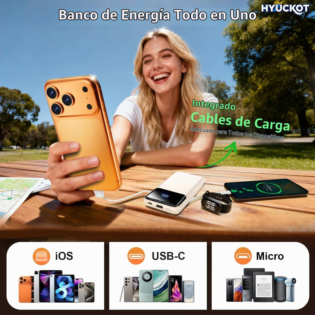 Cargador portátil con cables integrados y enchufe de pared, batería...