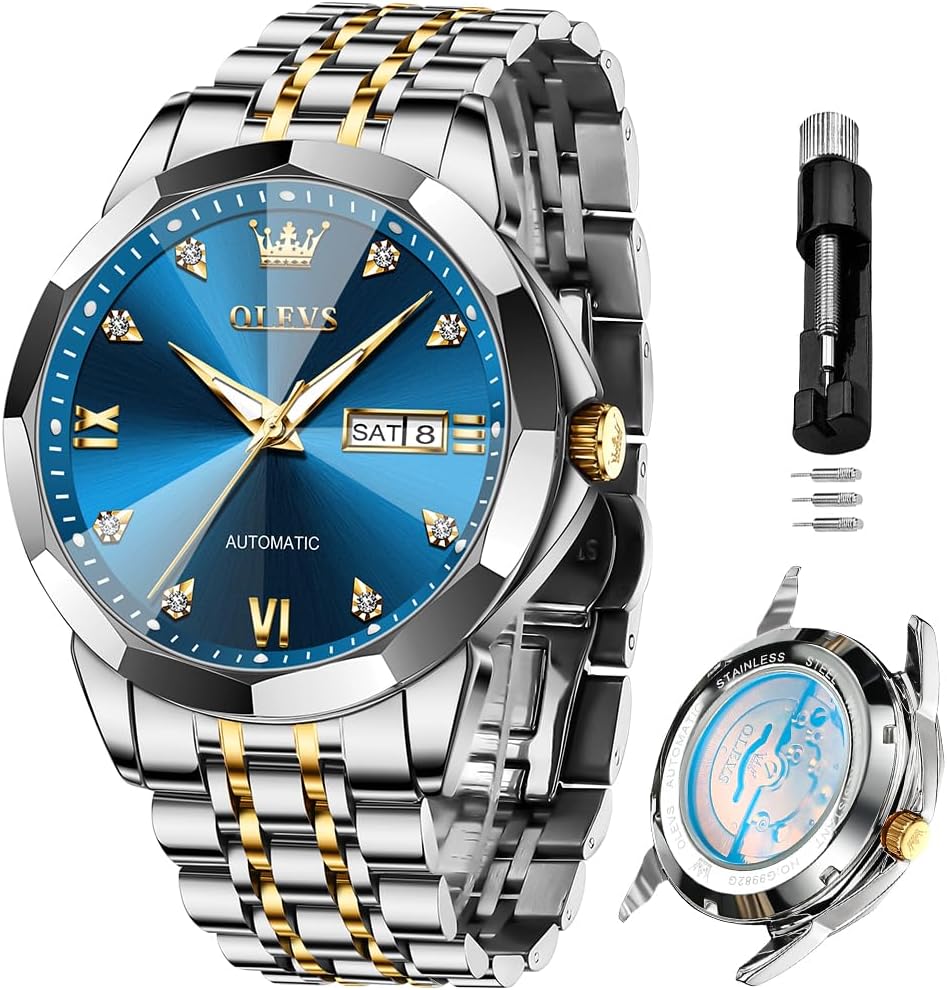 OLEVS Relojes de Hombre Esqueleto Automático Lujo de Negocios Diamante Autoentregado (Self Winding) Reloj de Pulsera de Acero Inoxidable con Calendario
