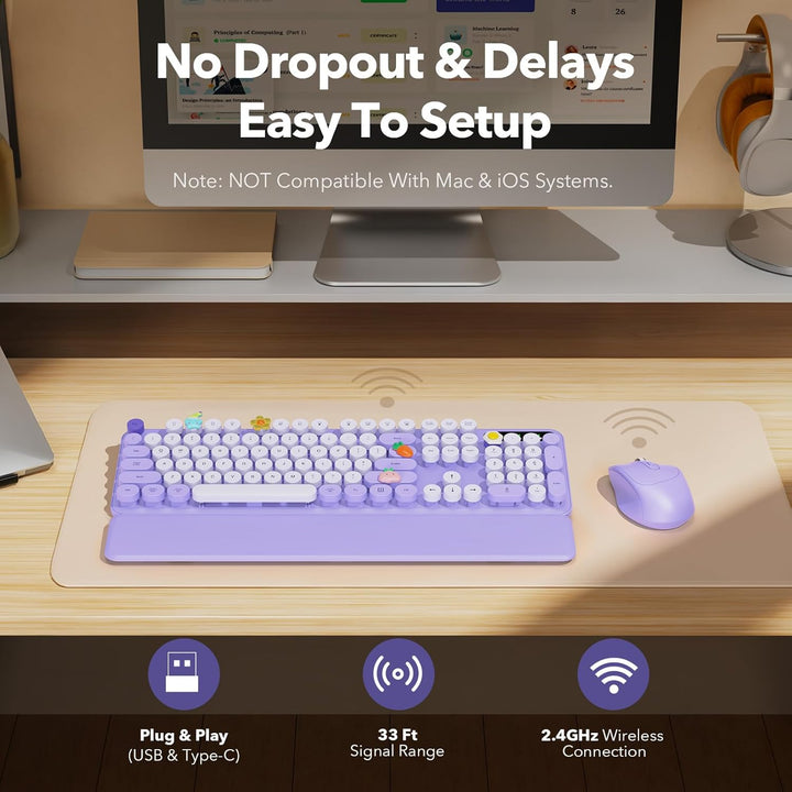 Wireless Keyboard and Mouse Combo, Round Keycaps, Full-Size Retro T...
