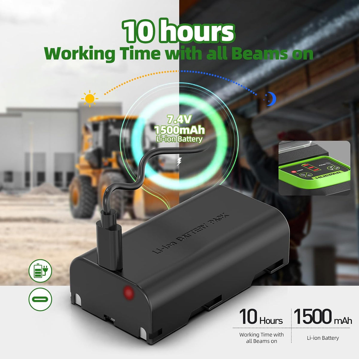 Huepar Láser de línea cruzada verde autonivelante de nivel láser con 2 puntos de plomada herramienta láser - Línea horizontal de 360° más láser de nivel vertical de 140° con puntos arriba y abajo - Soporte recargable y magnético 7211CG