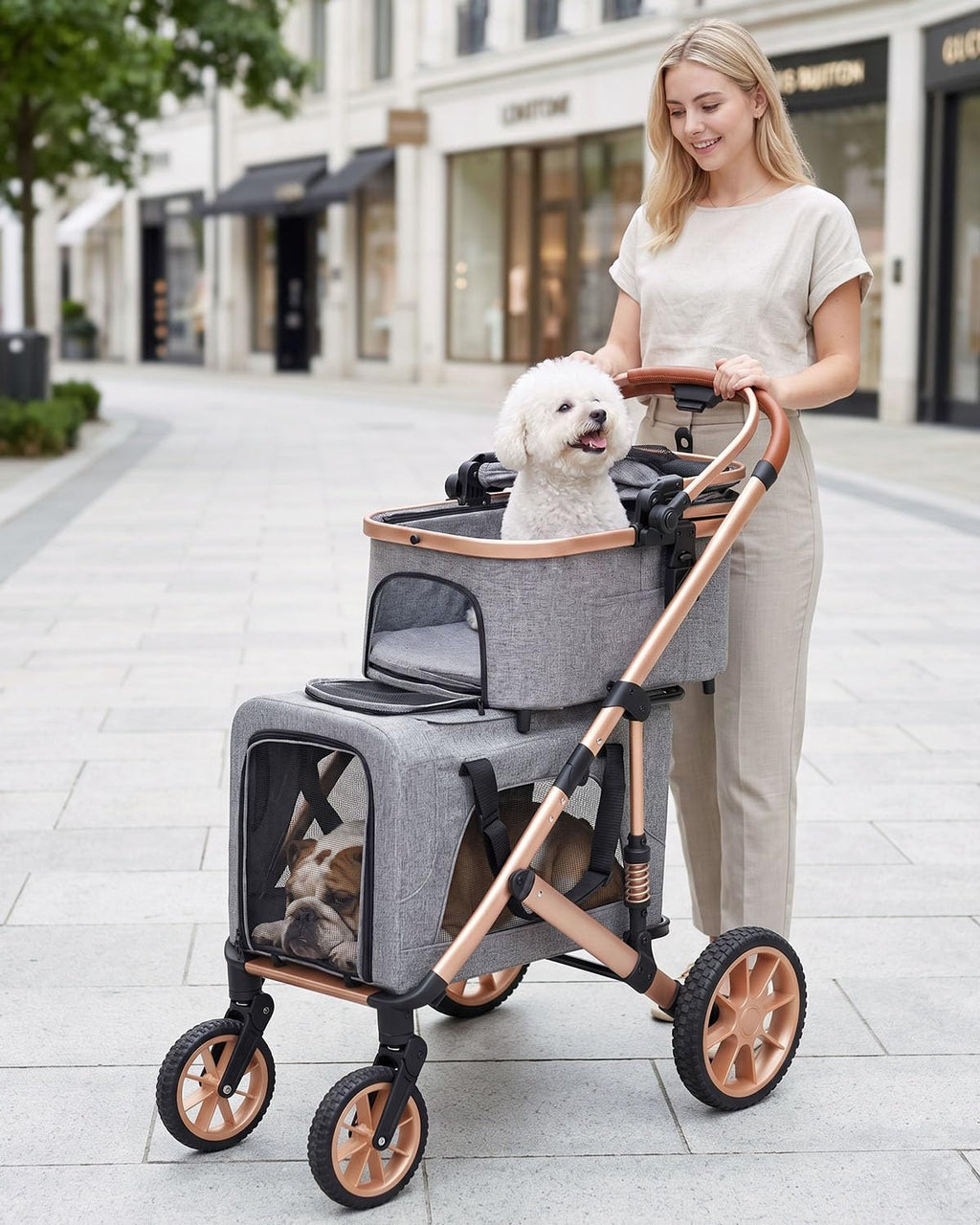 Cochecito doble para mascotas con 2 transportadores desmontables
