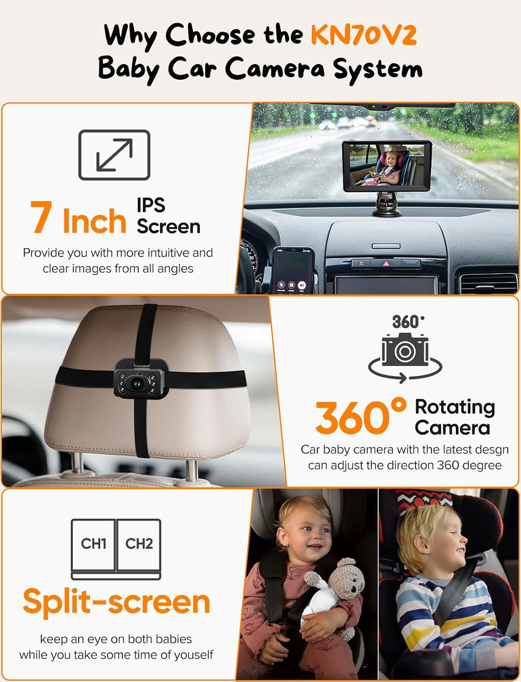 Kidsneed Cámara de Auto para Bebé con Pantalla Dividida de 7" para 2 Niños con Cámaras Duales de Asiento