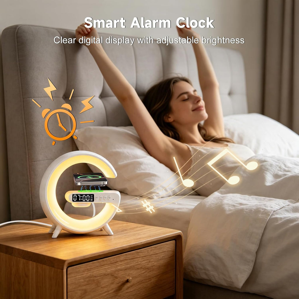 Lámpara Lámpara de mesa LED inteligente 5 en 1 con cargador inalámbrico, altavoz Bluetooth, reloj despertador, luz nocturna, estación de carga para dormitorio, mesita de noche, escritorio