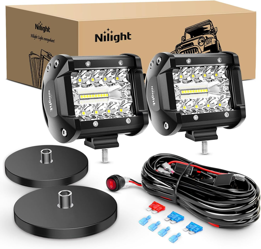 Nilight 2 piezas de 4 pulgadas, luces de triple fila, 60 W, combo de punto de inundación, 6000 lúmenes, barras para conducir, botes, camionetas todoterreno con 2 piezas de base magnética, barras de