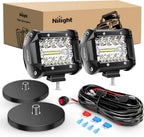 Nilight 2 piezas de 4 pulgadas, luces de triple fila, 60 W, combo de punto de inundación, 6000 lúmenes, barras para conducir, botes, camionetas todoterreno con 2 piezas de base magnética, barras de