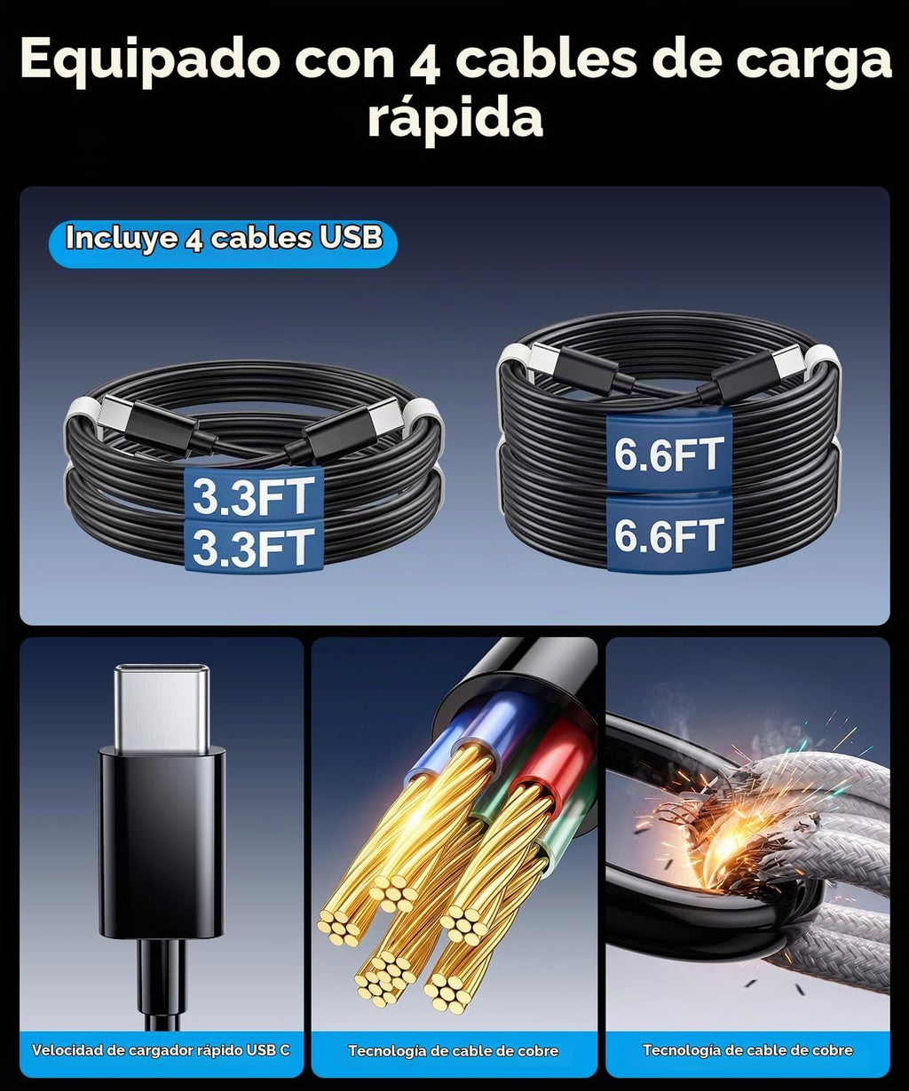 Estación de carga USB C Roruite de 10 puertos con 4 cables, bloque de