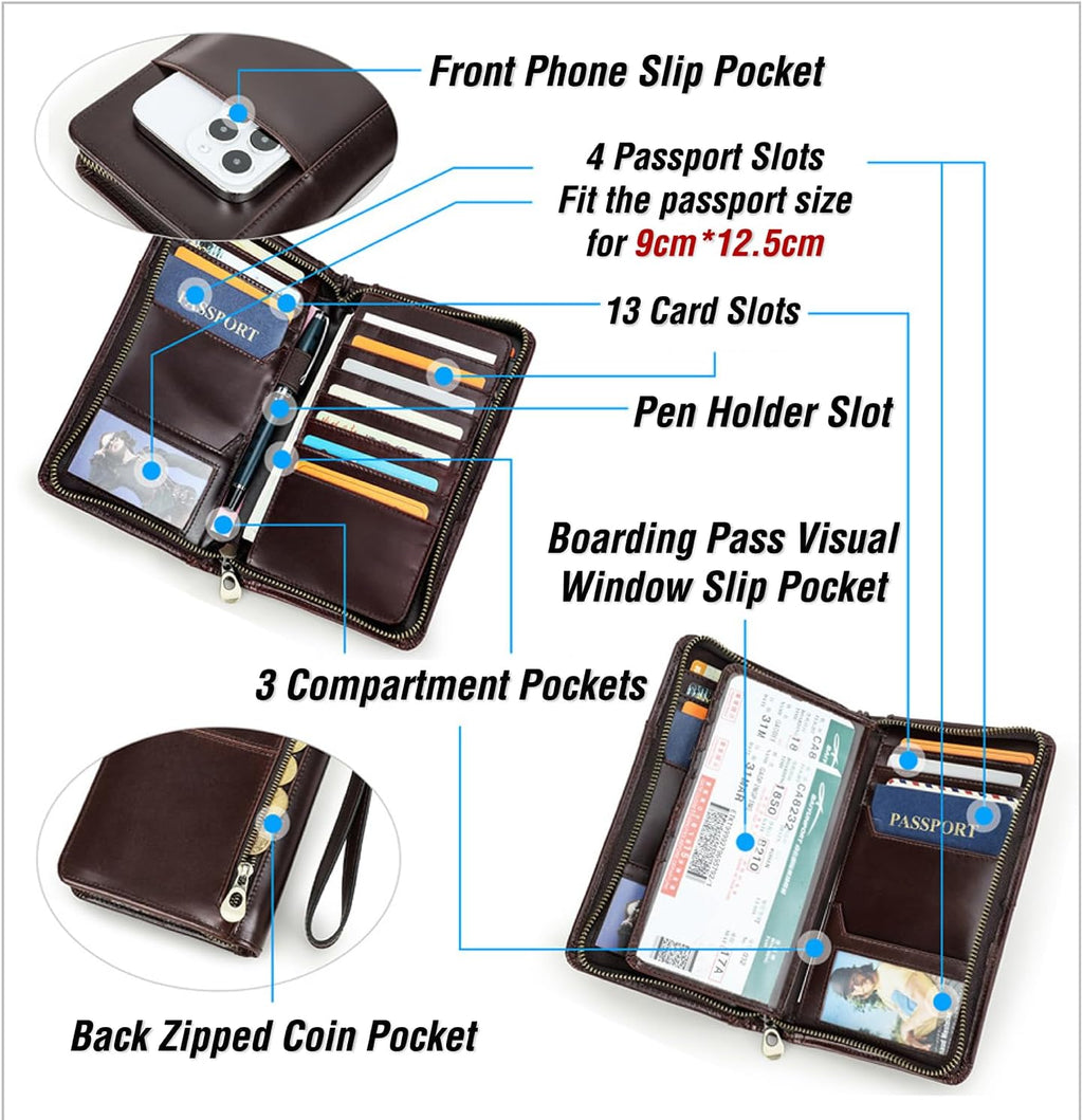 Cartera de viaje de cuero de grano superior para hombre y mujer, hecha a mano con tres capas para 4 pasaportes y múltiples tarjetas, bloqueo RFID de gran capacidad para tarjetas, pasaportes, boletos, azul