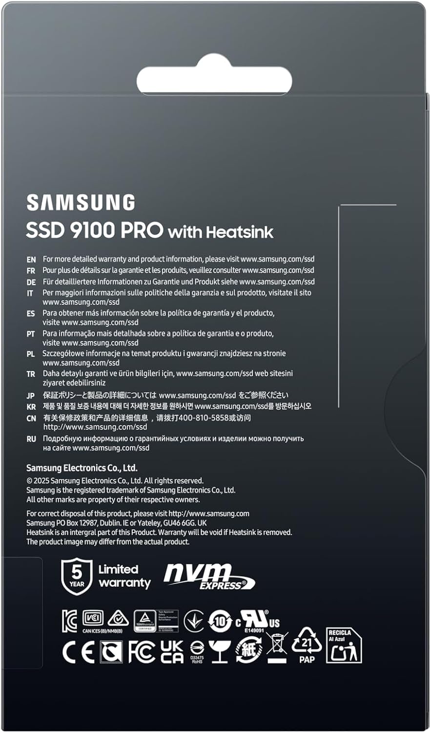 Samsung SSD 9100 PRO con disipador de calor de 2 TB, PCIe 5.0x4 M.2...