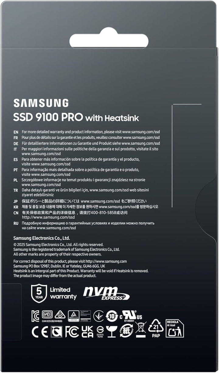 Samsung SSD 9100 PRO con disipador de calor de 2 TB, PCIe 5.0x4 M.2...
