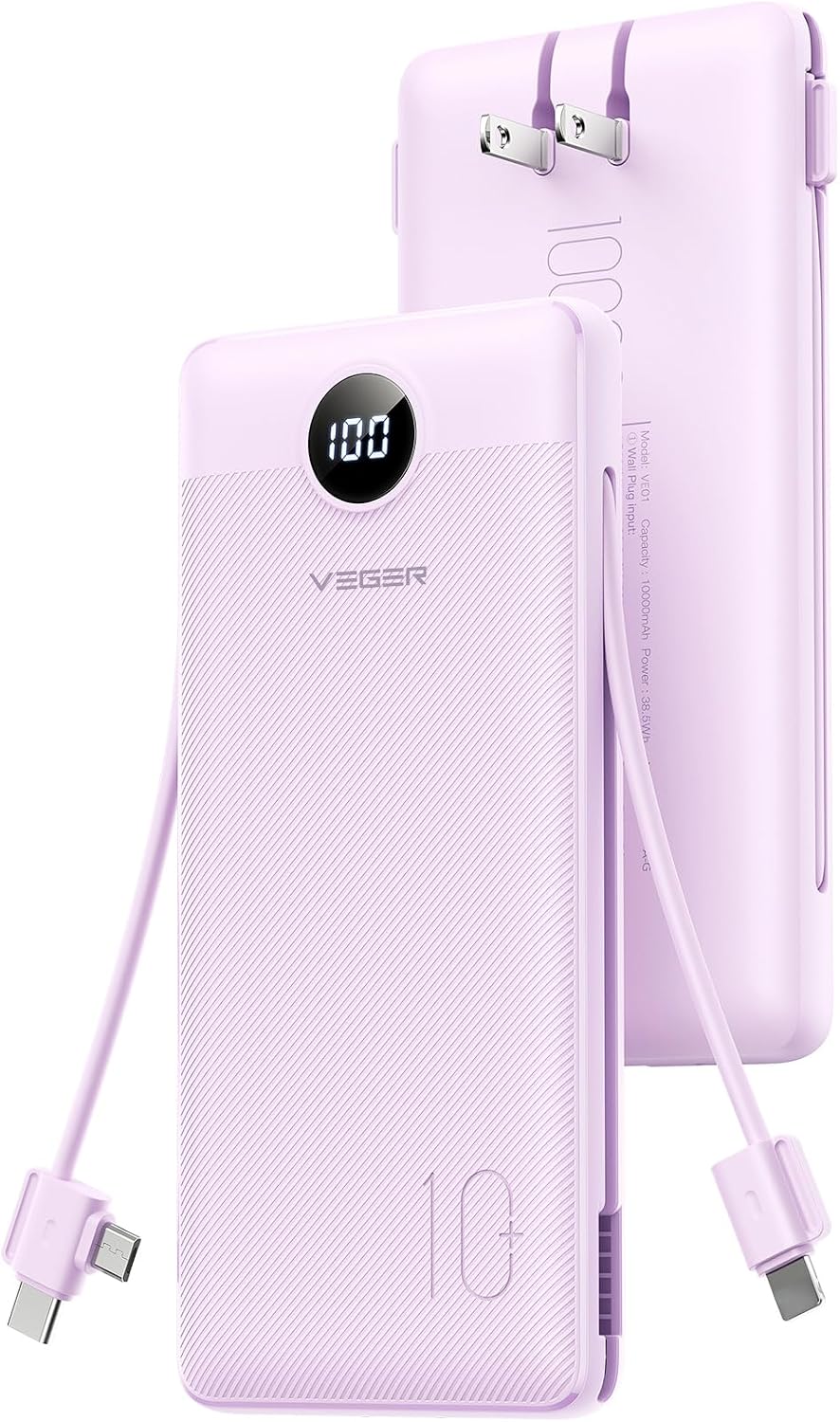 VEGER Cargador portátil, banco de energía de 10000 mAh, enchufe de pared integrado y cables