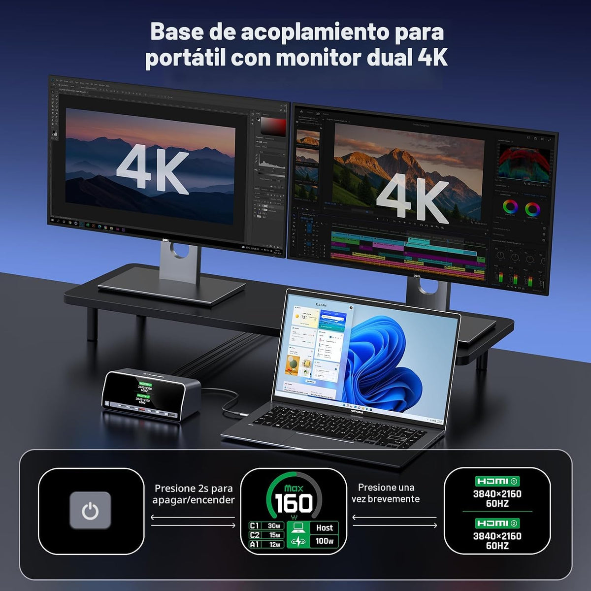 TobenONE - Estación de acoplamiento con monitor dual 4K para Windows, pantalla LCD GaN+ de 160 W