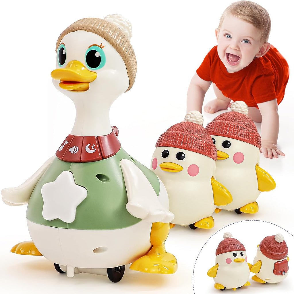 HOLA Juego de juguetes musicales de pato bailarín con mamá y bebés, juguetes para bebés de 6 a 12 meses, 2 modos interactivos, juguetes para gatear con sonidos y luces