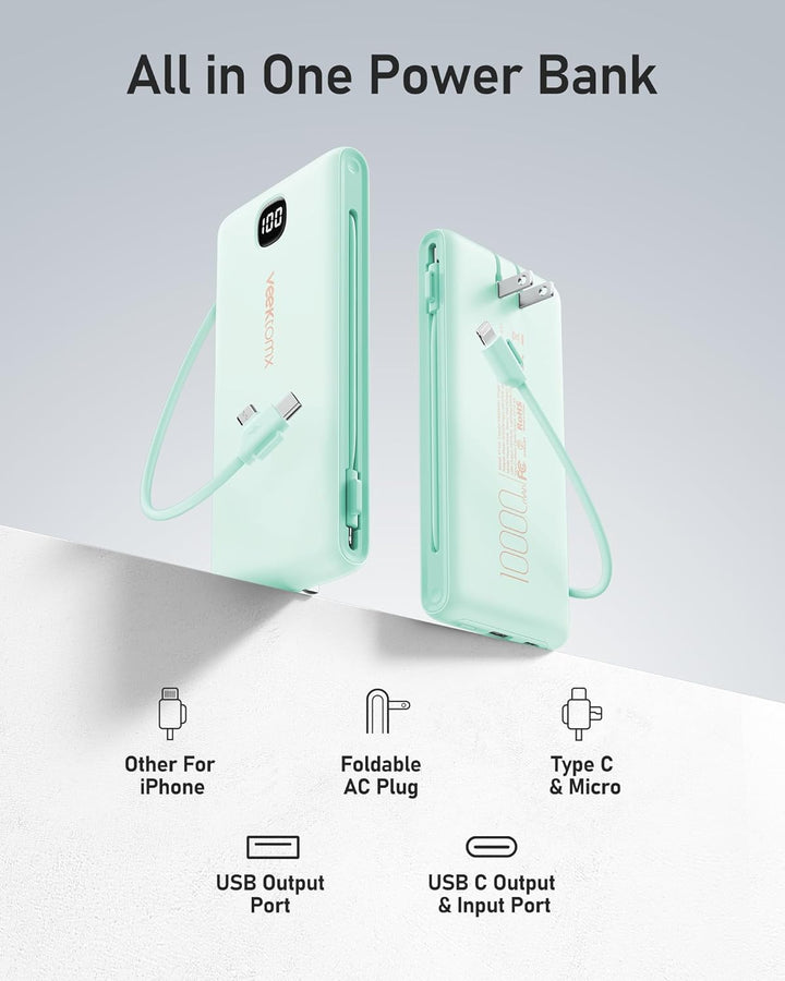 VEEKTOMX Cargador portátil con cables integrados de 10000 mAh, bate...