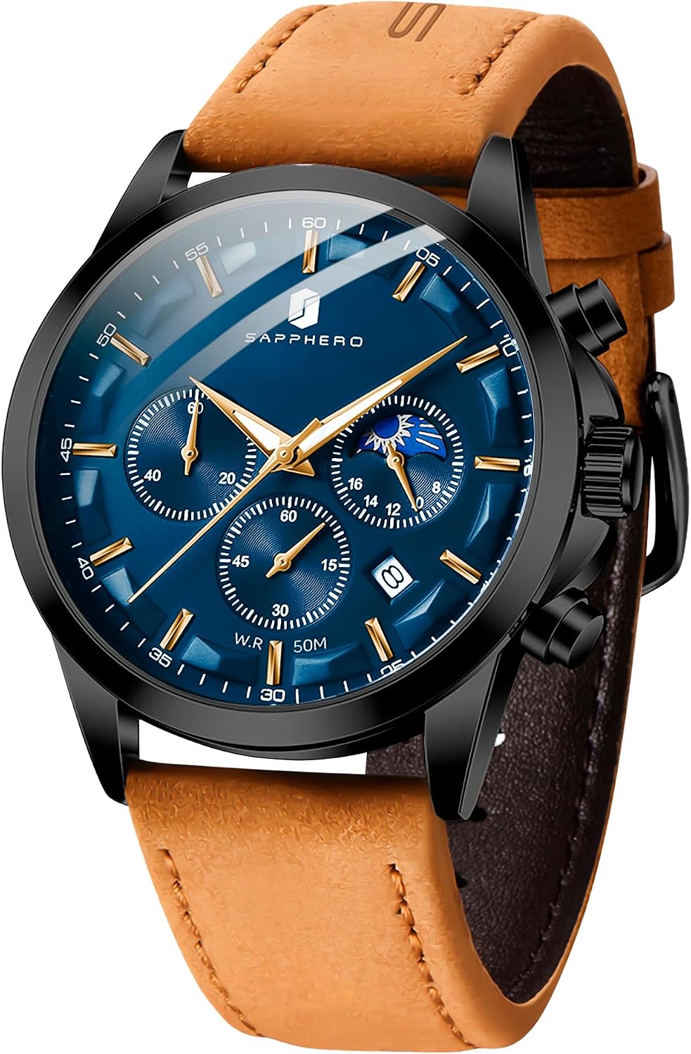 SAPPHERO Relojes cronógrafos para hombre, reloj analógico de acero inoxidable casual original para negocios, 50M, impermeable, luminoso, con esfera de fecha, regalo para hombre
