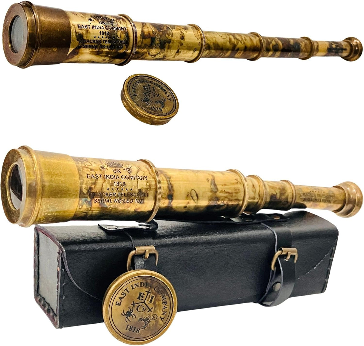 Raro telescopio de latón y catalejo - East India Company 1818 Tracker Vintage Catalejo pirata antiguo grande en caja de regalo de cuero cosido a mano (BT-EIC17)