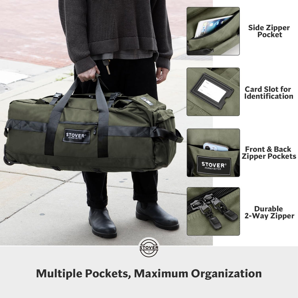 45/80/100/120L Bolsa de lona con ruedas, bolsa de viaje extra grande duradera + bolsa de aseo personal, resistente, plegable con correas para el hombro, uso como equipaje o mochila