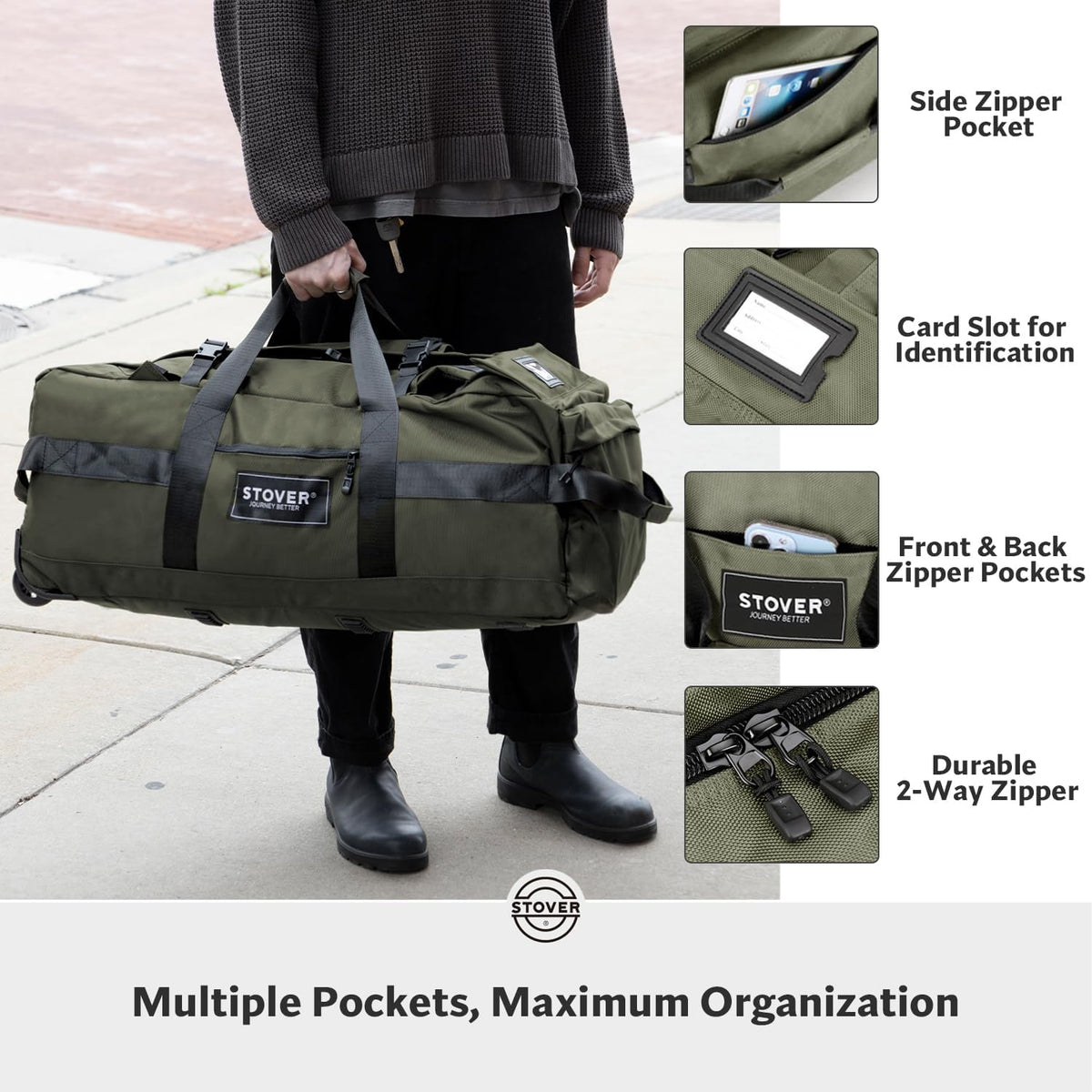 45/80/100/120L Bolsa de lona con ruedas, bolsa de viaje extra grande duradera + bolsa de aseo personal, resistente, plegable con correas para el hombro, uso como equipaje o mochila