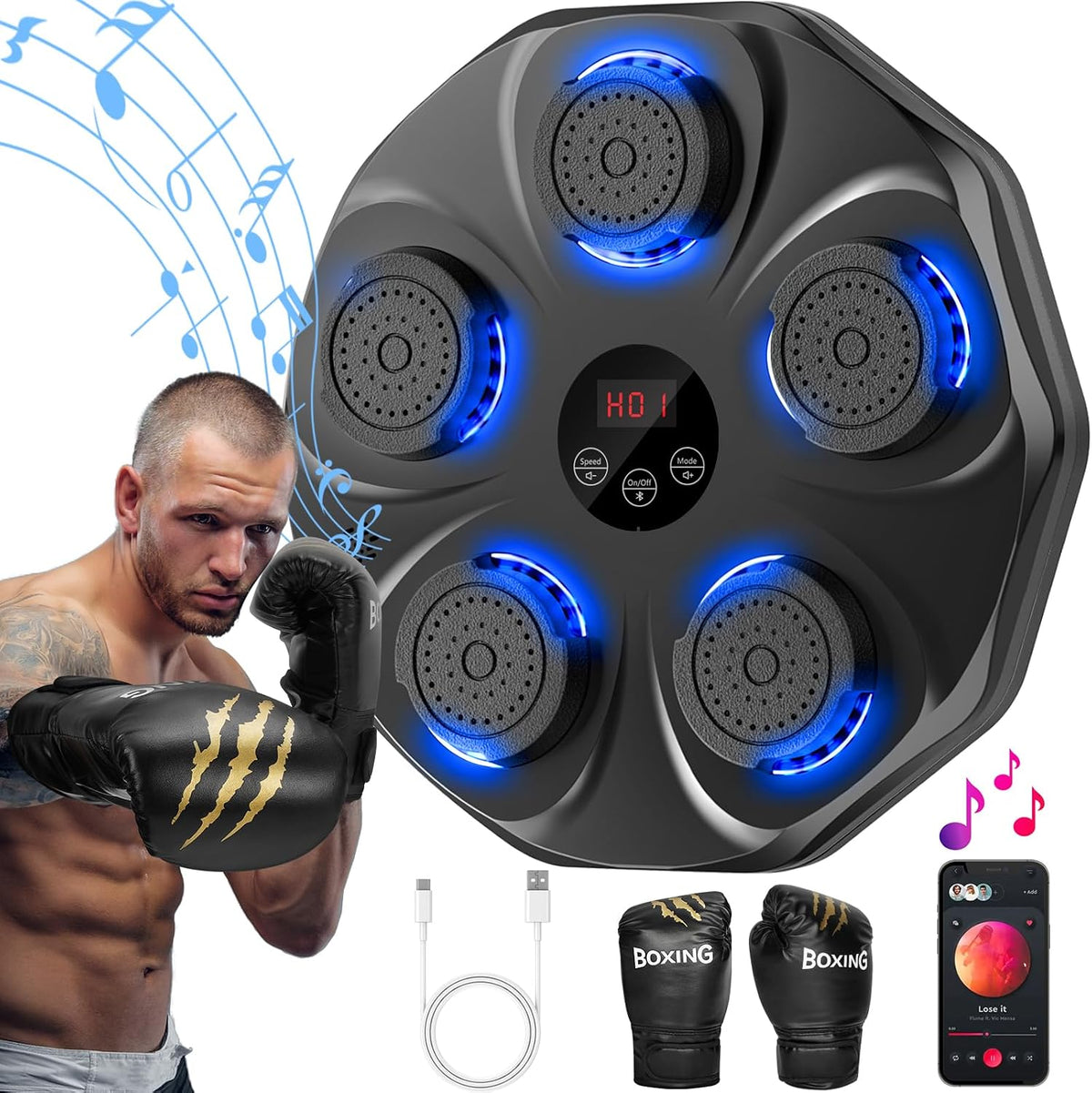 Máquina de boxeo de música, entrenador interactivo de boxeo con guantes de boxeo, blanco de boxeo electrónico de gran tamaño montado en la pared para adultos y niños, 9 modos y 9 velocidades