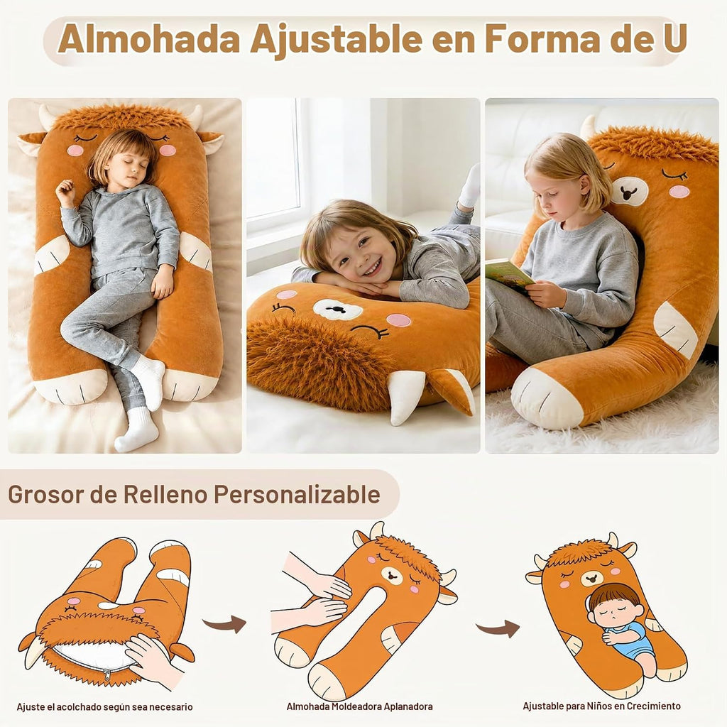 Almohadas largas de felpa en forma de U de 47 x 23 pulgadas para niños, almohada suave y grande para dormir, funda lavable, regalo para niños y niñas