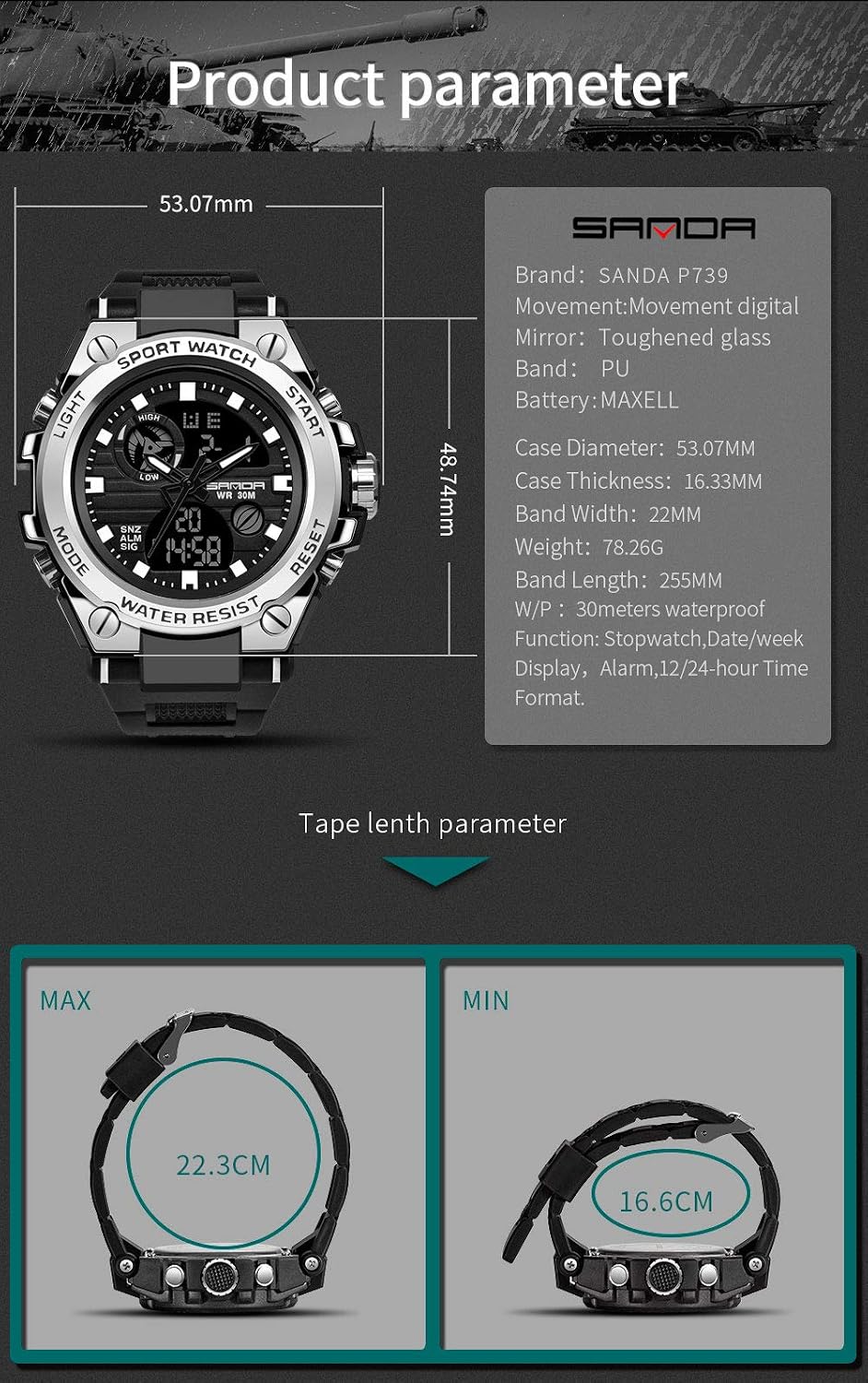 Relojes deportivos para hombre al aire libre, impermeable, militar, fecha, tácticas, LED, alarma, cronómetro